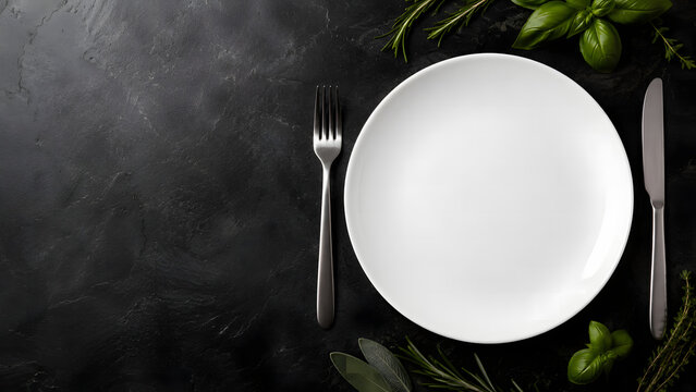 Minimalist place setting with empty white plate fork and knife on dark rustic stone surface minimalist dinnerware restaurant background tableware gastronomy presentation lifestyle silverware