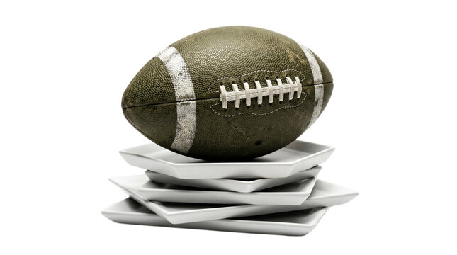 American Football Resting on Stack of White Square Plates PNG Isolated on transparent background Minimalist American Football transparent white background Illustration
