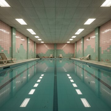 Nostalgic Liminal Space Indoor Empty Swimming Pool.