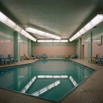 Nostalgic Liminal Space Indoor Empty Swimming Pool.