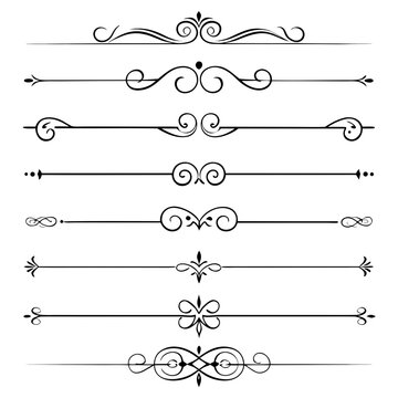 Black Ornate Swirl Divider Lines and Calligraphic Flourishes on Plain White Background