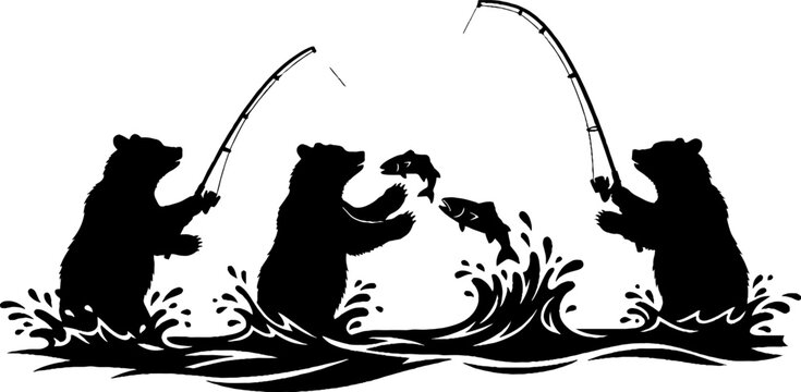 Three bears fishing together in flowing river water.