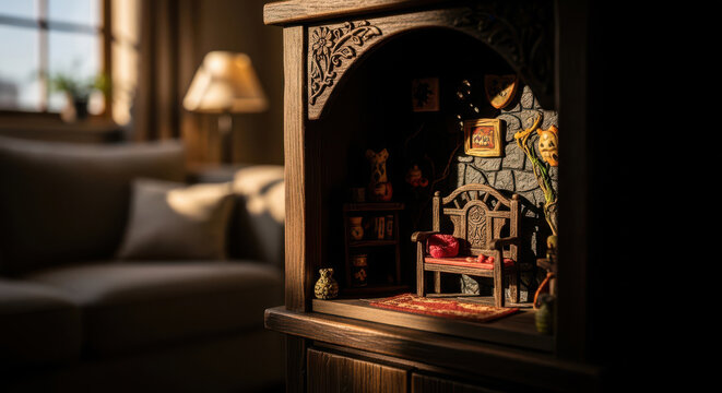 Miniature wooden room diorama with bench