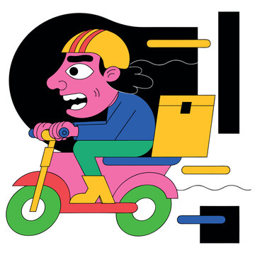 Colorful Cartoon Delivery Rider Speeding on a Scooter with a Package Box