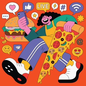 A Cartoon Food Blogger Taking Selfies with a Giant Burger and Pizza Surrounded by Social Media Icons