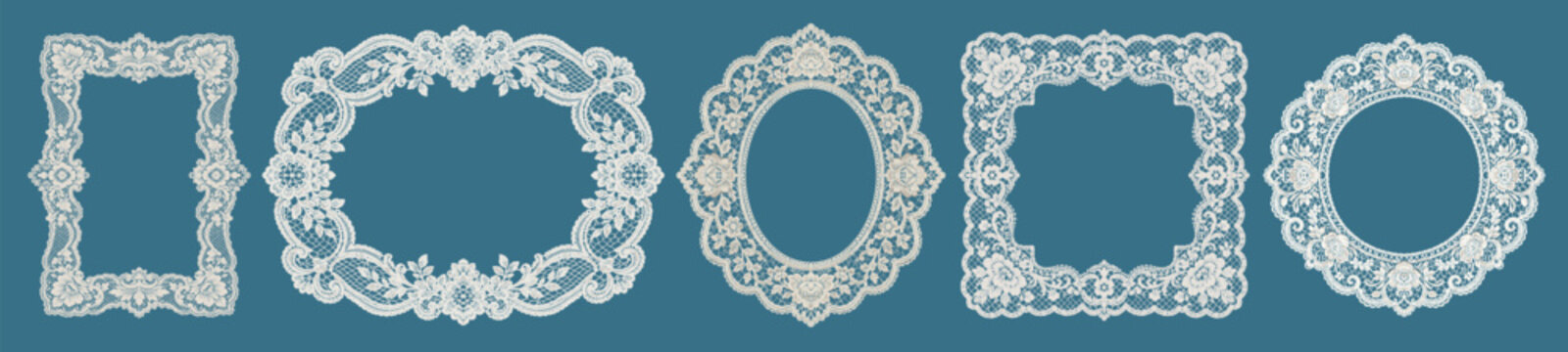White lace vector frame collection with floral borders, oval, round and square shapes on blue background for wedding invitations, luxury labels and vintage decor.