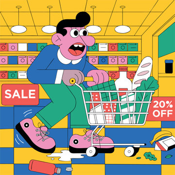 Funny Cartoon Shopper Pushing a Cart in a Colorful Supermarket During a Sale