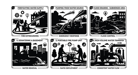 Naklejka premium Firefighter Silhouettes And Equipment Black Vector Illustrations On White Background