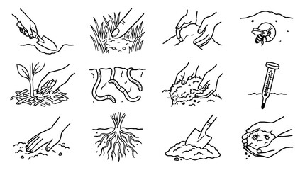 Obraz premium Gardening and Soil Care Line Art Icons Set Featuring Hands Planting and Digging.