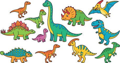 Cute Cartoon Dinosaur Vector Set featuring Tyrannosaurus Rex, Brachiosaurus, Triceratops, Pterodactyl, and Stegosaurus for Kids Illustration Designs © Rafikul