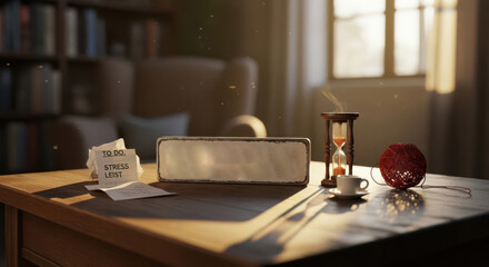 Fototapeta premium A conceptual desk scene with a todo list, hourglass, and coffee