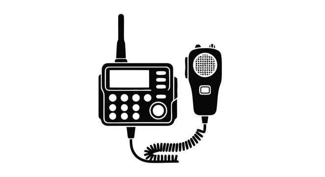 Vector illustration of black and white icon of a twoway radio transceiver with handheld microphone on a transparent background