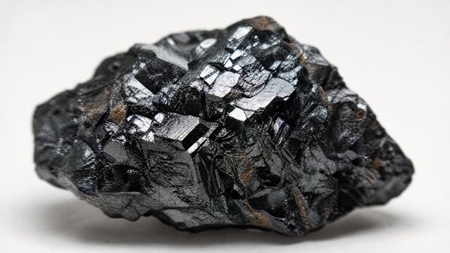 A specimen of black magnetite ore with metallic luster.