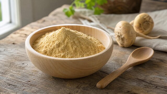 A shallow wooden bowl filled with fine pale yellow maca powder and a spoon.