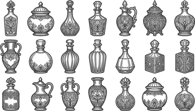 Black and white of various antique ceramic jugs and vases pottery
