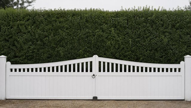 White garden gate in front of a tall, dense privet hedge.