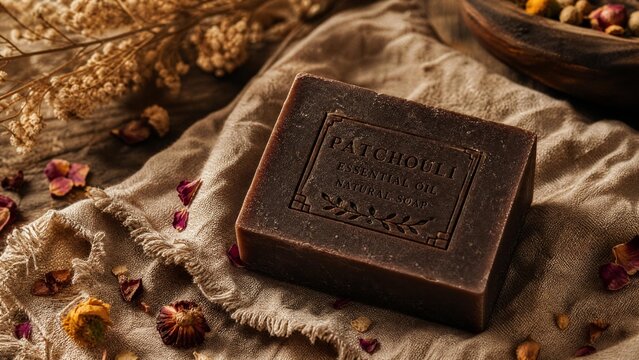 Dark brown patchouli soap bar on rough linen with dried flowers, rustic texture.