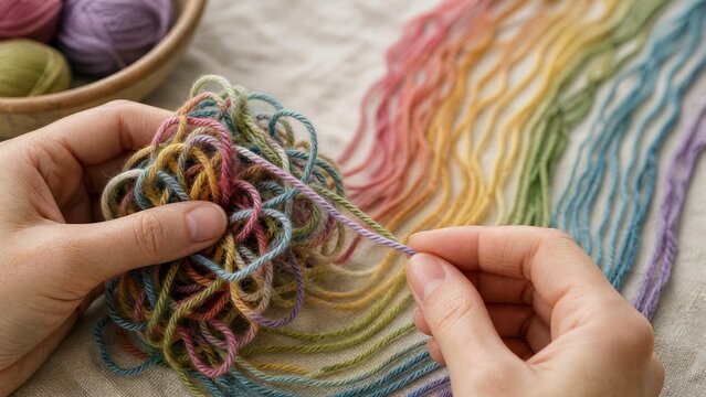 Close-up of colorful yarn being untangled from a complex knot.