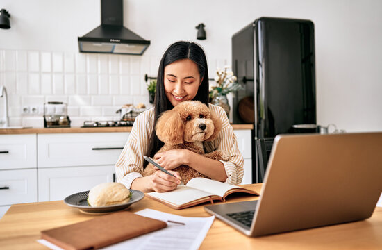 Woman working at home with a dog in the kitchen.