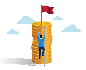 Business professional climbing ladder on pile of gold coins towards red goal flag success concept representing career growth achievement and financial prosperity. © Yekes Peodn
