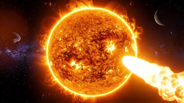 Fiery Orange Sun Emitting Solar Flare in Dark Starry Space with Two Moons, Detailed Surface Texture and Plasma Arcs, Dynamic Energetic Space Scene