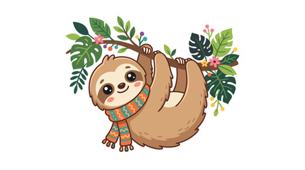 Naklejka premium Cute Sloth Hanging on Branch, Cartoon Style