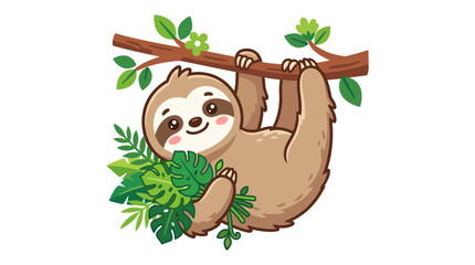 Naklejka premium Cute Sloth Hanging on Tree Branch with Leaves