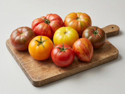 Assorted colorful heirloom tomatoes on a wooden cutting board