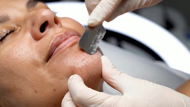Close-Up Of Dermaplaning Session Focusing On Chin And Lower Lip Area With Skilled Professional Using Surgical Blade