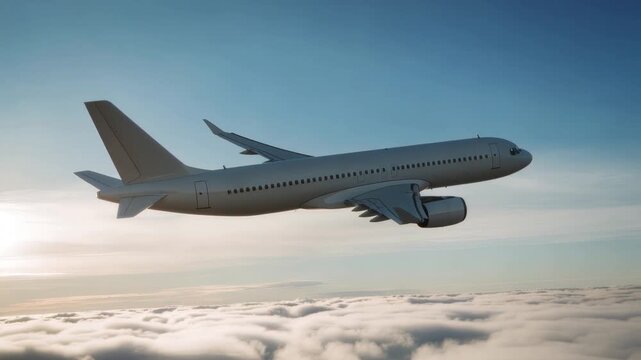 Side View Of A Passenger Jet Airplane Soaring Above White Clouds Under A Bright Blue Sky, Travel Concept