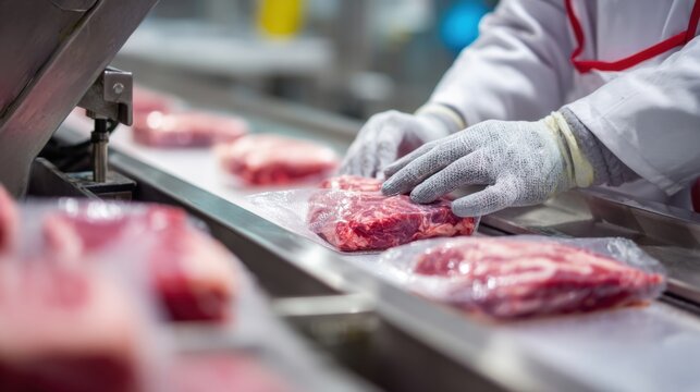 Worker packaging fresh beef in a food processing facility, ensuring quality control, hygiene standards, and safe meat production for distribution.