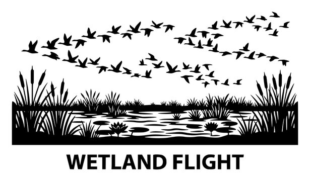 Wetland Flight Wildlife Silhouette Vector Design Featuring Flock of Migrating Ducks Flying Over Lake Marsh Reeds and Swamp Water Layouts