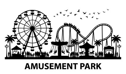 Amusement Park Silhouette Scene with Ferris Wheel Roller Coaster Swing Ride Carousel Palm Trees and Birds for Family Vacation Graphic Designs © Hosneara