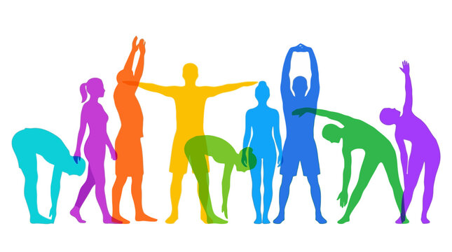 Colorful Yoga and Stretching Silhouette Set With People Performing Fitness and Wellness Poses