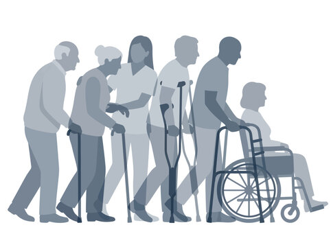 Elderly Care and Disability Support Illustration With Seniors Using Mobility Aids and Caregiver Assistance