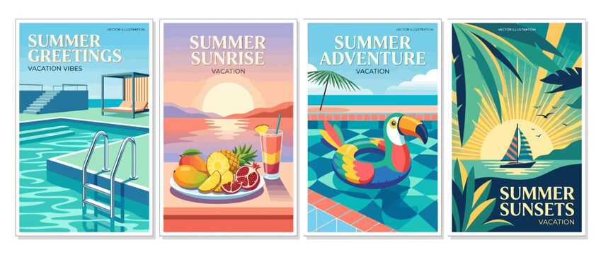 Summer banner set with pool sunrise tropical fruit and sunset beach