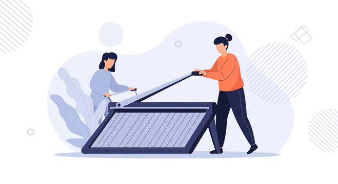 Two women working together using a large printing press or plotter machine with a modern, flat design style.