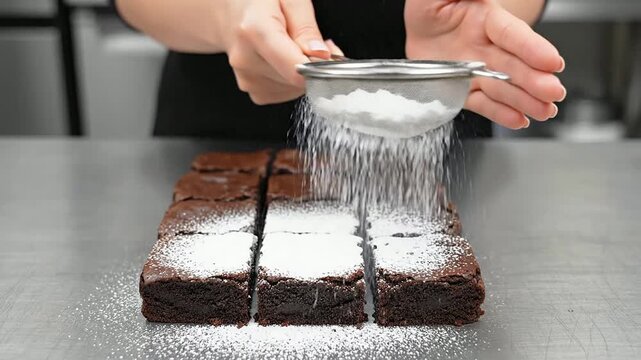 Close Up Of Hands Using A Small Metal Strainer To Dust Powdered Sugar Over Fresh Brownies In A Kitchen Setting