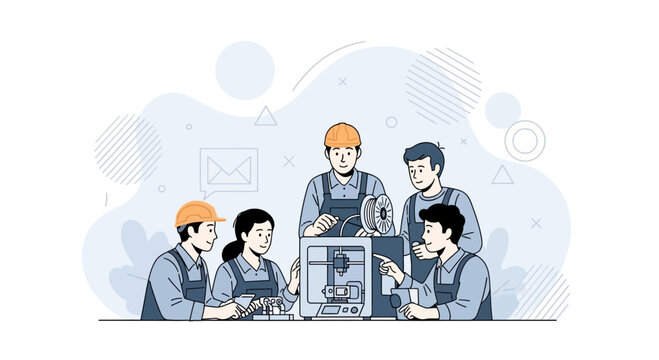 Team of engineers working with 3D printer and prototyping parts, innovative technology concept