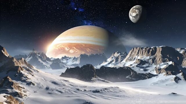 Fantasy Landscape of Snowy Mountains Under a Starry Sky with a Large Planet and Distant Moon in a Vast Expansive Scene and cold blue light
