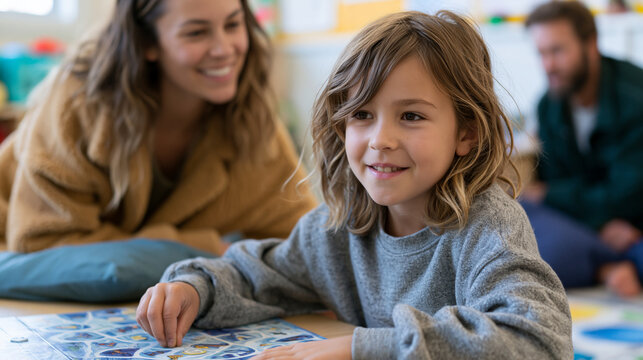 Child peer support specialist plays board game with withdrawn eight-year-old in colorful therapeutic playroom, trauma-informed counselor observing from nearby floor cushion,