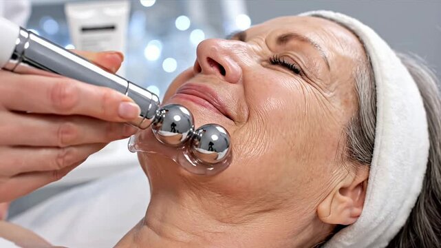 Close-Up Of Microcurrent Facial Treatment With Silver Globes For Anti-Aging And Rejuvenation In Spa Setting