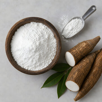 Top view tapioca starch with cassava roots