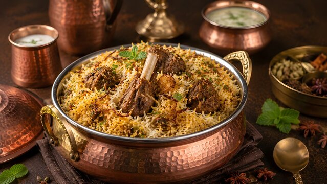 Delicious chicken biryani served in traditional copper handi