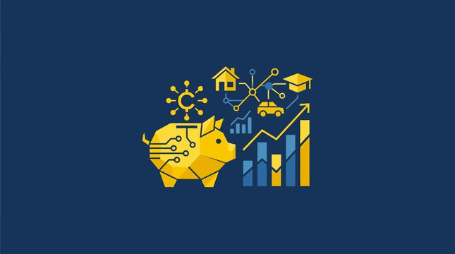 Modern financial planning infographic featuring a geometric piggy bank growth charts and icons for investment goals like housing and education