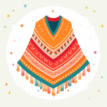 Colorful Mexican Poncho with Geometric Patterns and Fringe