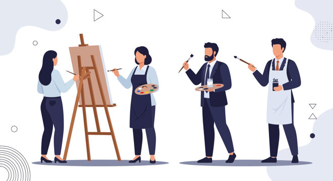 Artists painting on easel, studio creativity, art class, male and female artists collaborating, illustration of artistic process and talent development