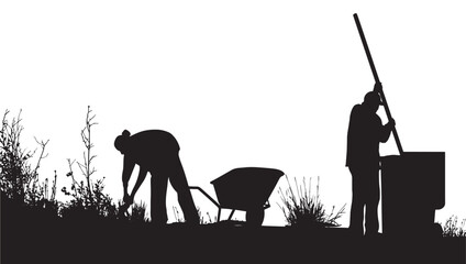 Worker Silhouette Holding a Long Tool Beside a Wheelbarrow in a Rural Field at Sunset Concept Featuring Shovel, Barrow, Cart