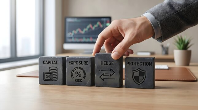 Businessman arranging wooden blocks with financial risk management terms on office desk