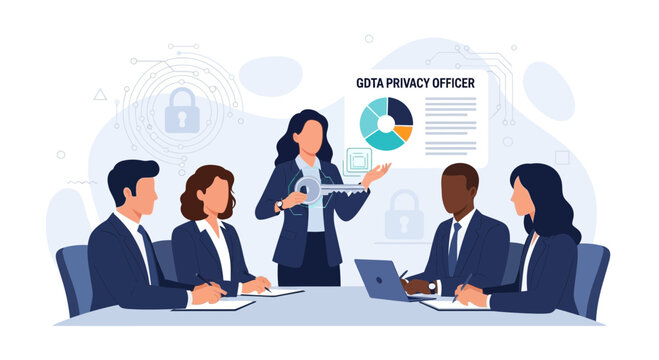 Business meeting on data privacy with GDPR officer presenting a key strategy and insights on protection, data security, and compliance.